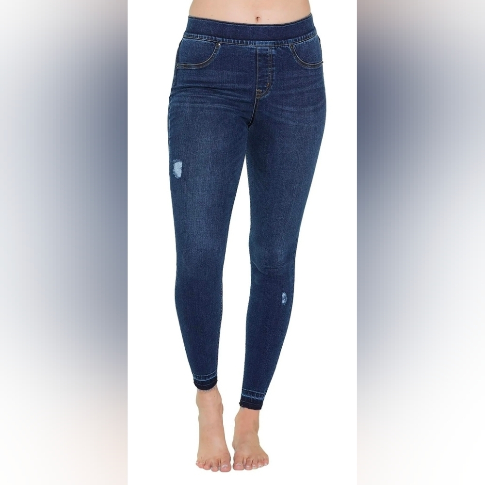 Spanx Mid-Rise Distressed Dark Wash Frayed Hem Pull-on Denim Jeggings sz S